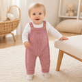 Gentle Nest model hero — Hearthside Cable Knit Overall Romper, Rose, worn by Clara (GN-B04)