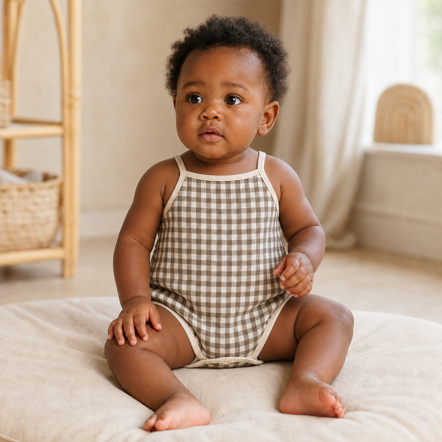 Gentle Nest model hero — Sleeveless Triangle Bodysuit, Plaid, worn by Nia (GN-B03)