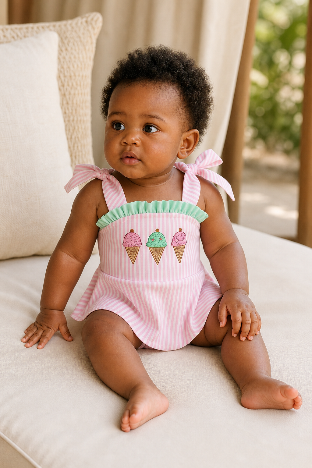 Gentle Nest model hero — Sweet Scoops Embroidered Swimsuit, worn by Nia (GN-B03)