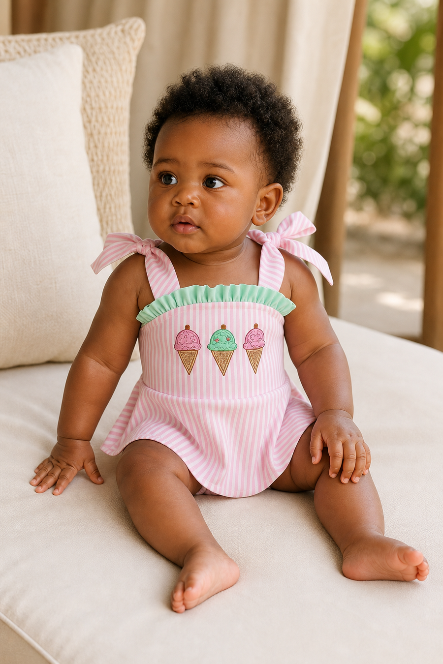 Gentle Nest model hero — Sweet Scoops Embroidered Swimsuit, worn by Nia (GN-B03)