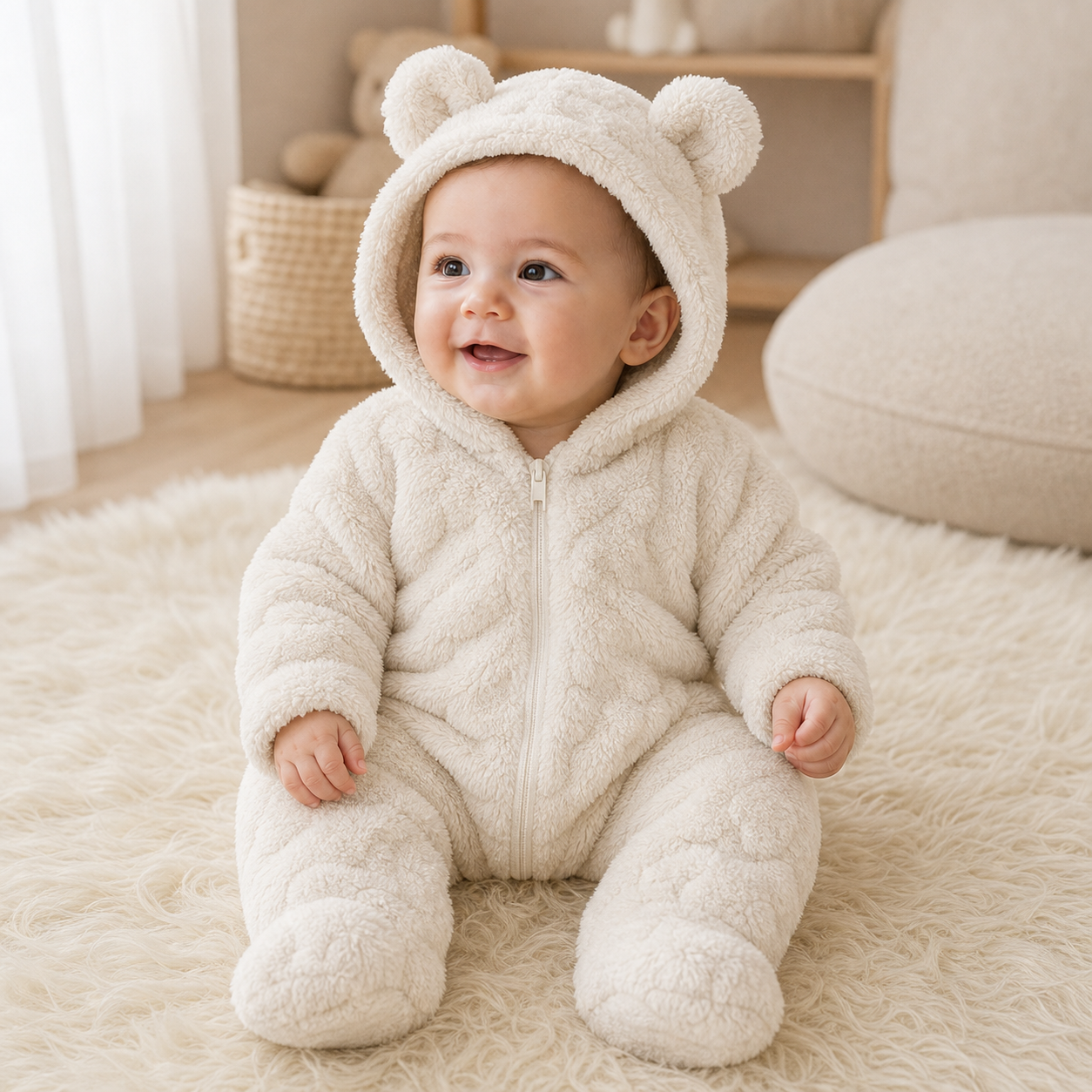 Gentle Nest model hero — Cloud Bear Plush Winter Romper, Ivory, worn by Eli (GN-B02)