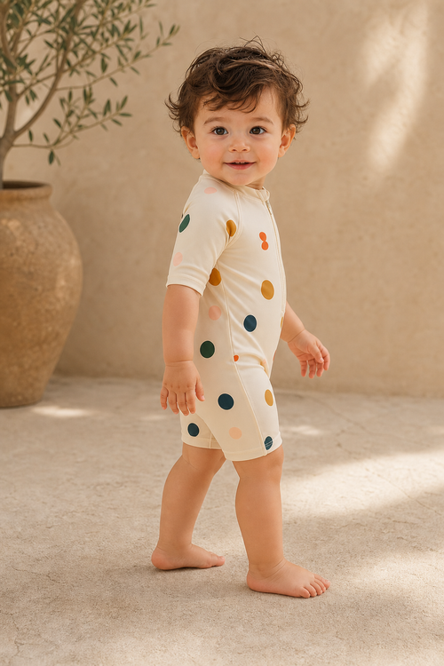 Gentle Nest model hero — Abstract One-Piece Swim Bodysuit Set, worn by Mateo (GN-T03)