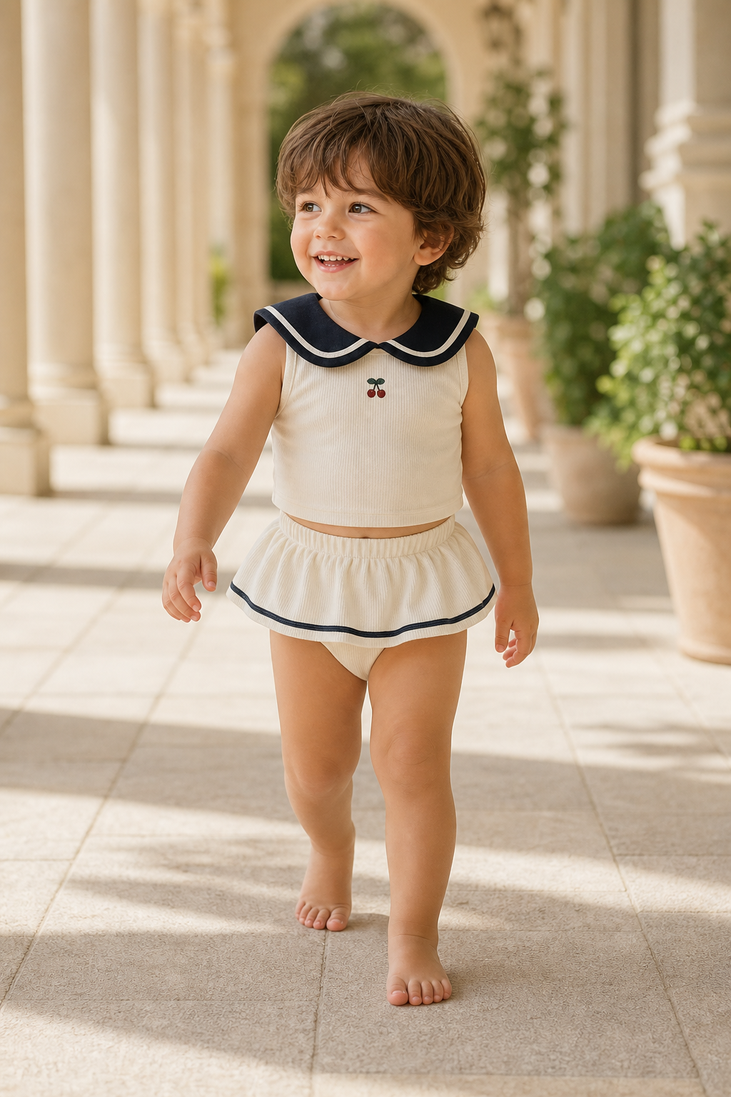 Gentle Nest model hero — Navy Two-Pieces Swim Bodysuit, worn by Luca (GN-T01)