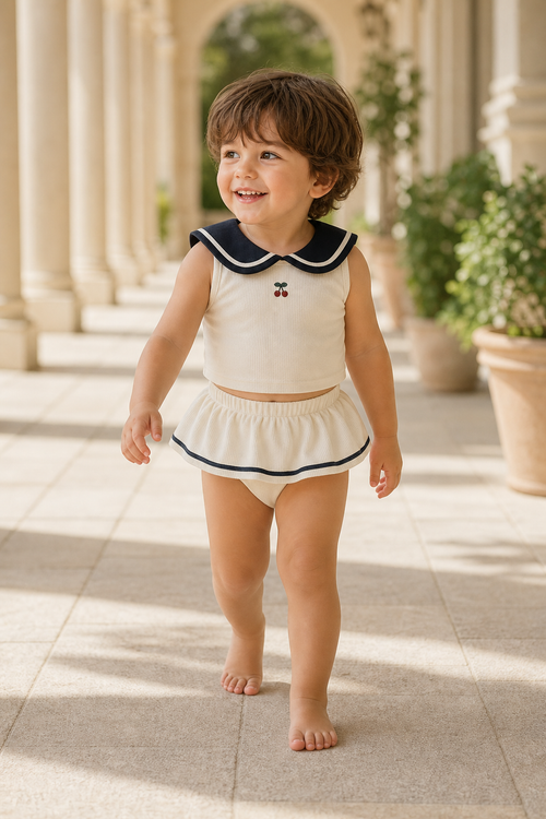 Gentle Nest model hero — Navy Two-Pieces Swim Bodysuit, worn by Luca (GN-T01)