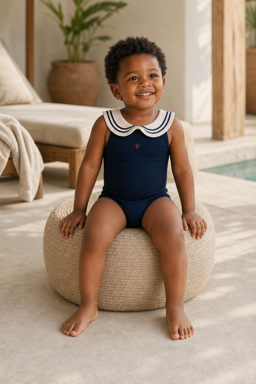 Gentle Nest model hero — Navy One-Piece Swim Bodysuit, worn by Malik (GN-T06)