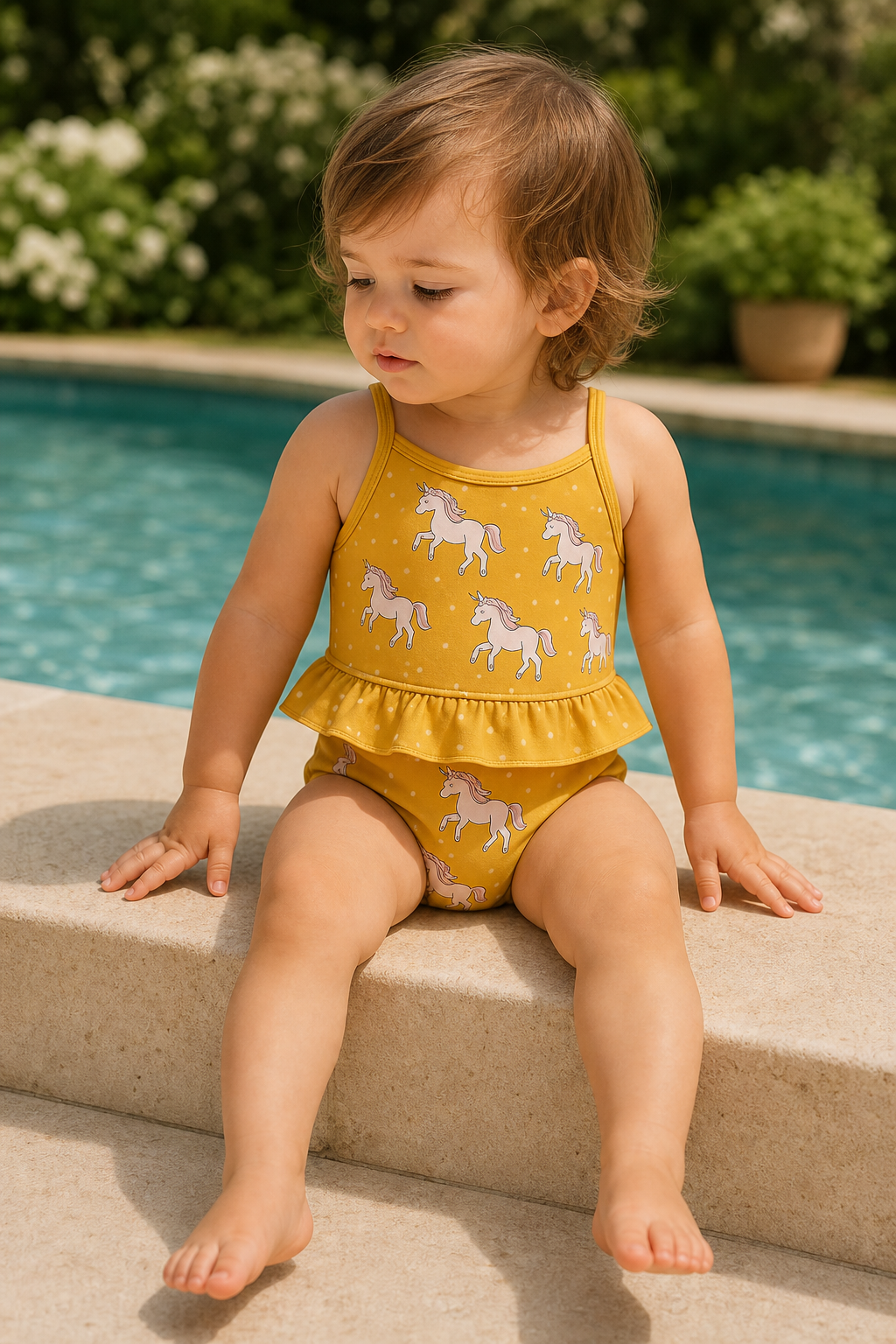 Gentle Nest model hero — Unicorn Print Swim Bodysuit Set, worn by Mila (GN-T02)