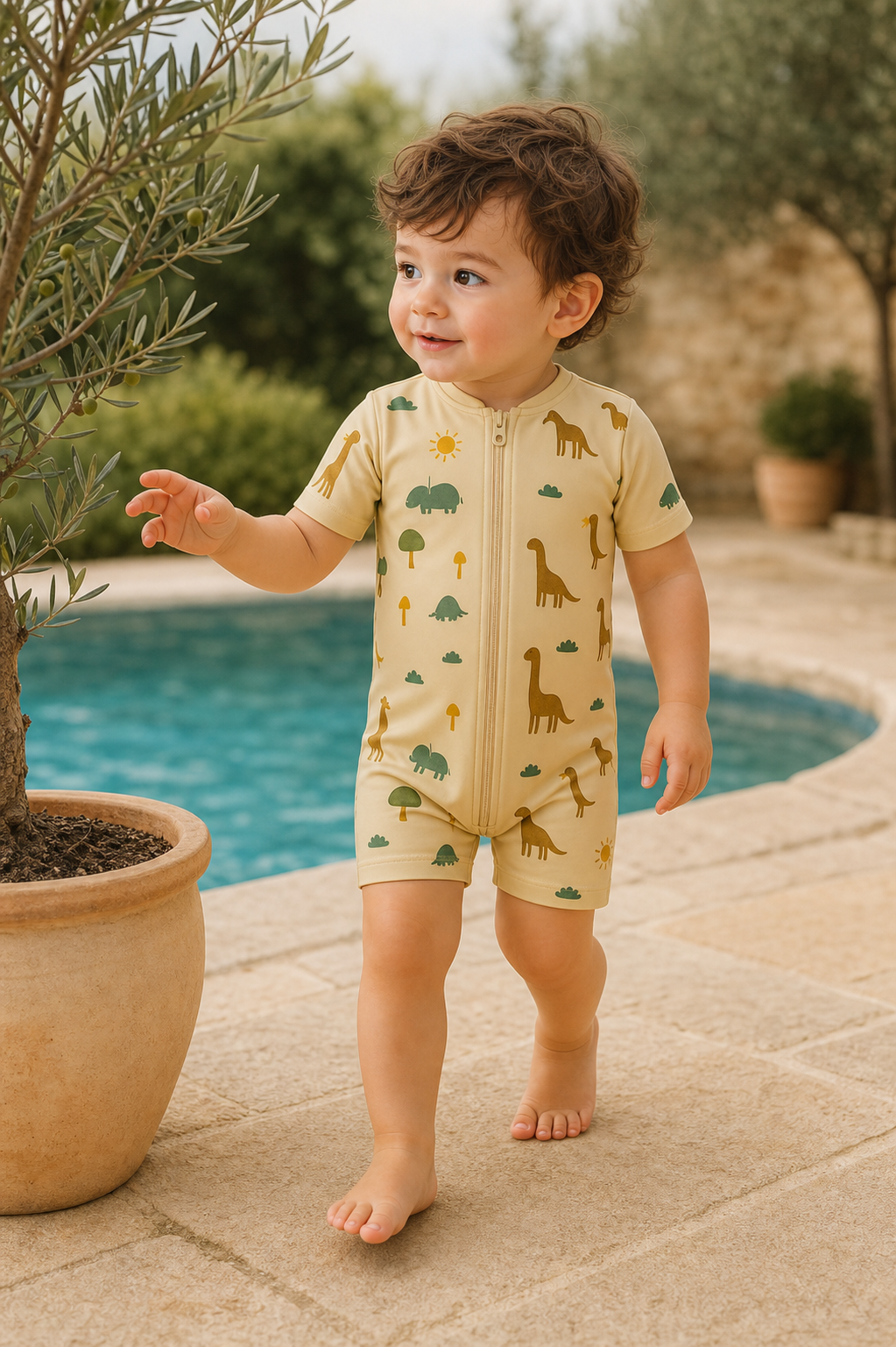 Gentle Nest model hero — Safari Friends Swim Set, worn by Mateo (GN-T03)