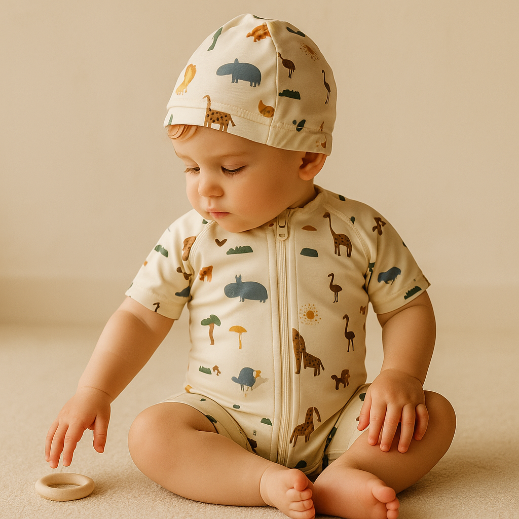 Gentle Nest AI hero image - Wild Animals Print Swim Bodysuit Set - Beige