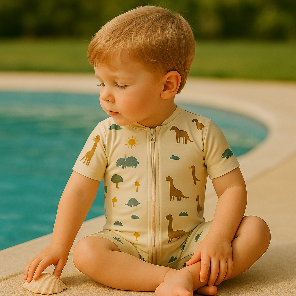 Gentle Nest swimwear hero image - Wild Animals Print Swim Bodysuit Set - Beige