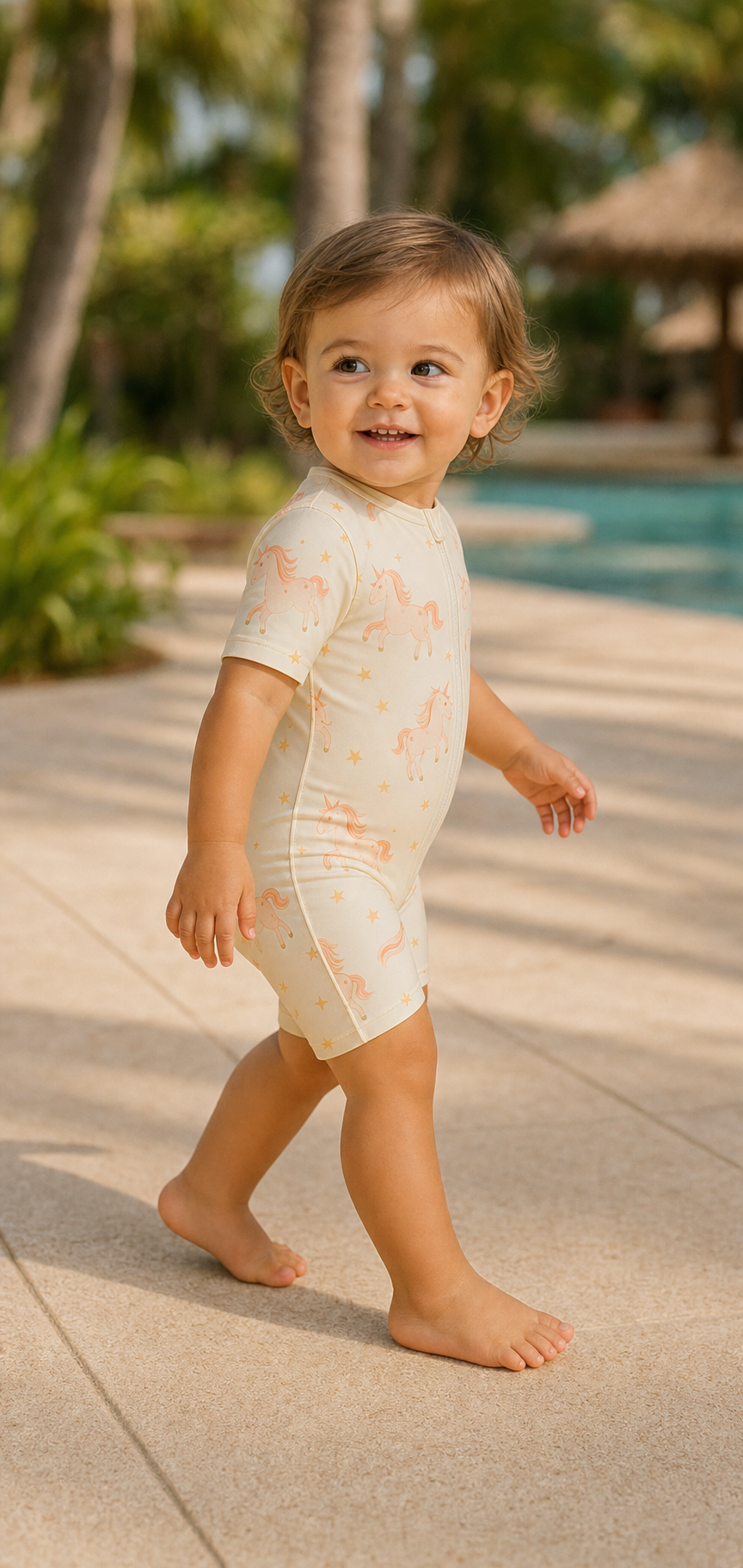 Gentle Nest model hero — Unicorn Print Swim Bodysuit Set, worn by Eva (GN-T05)