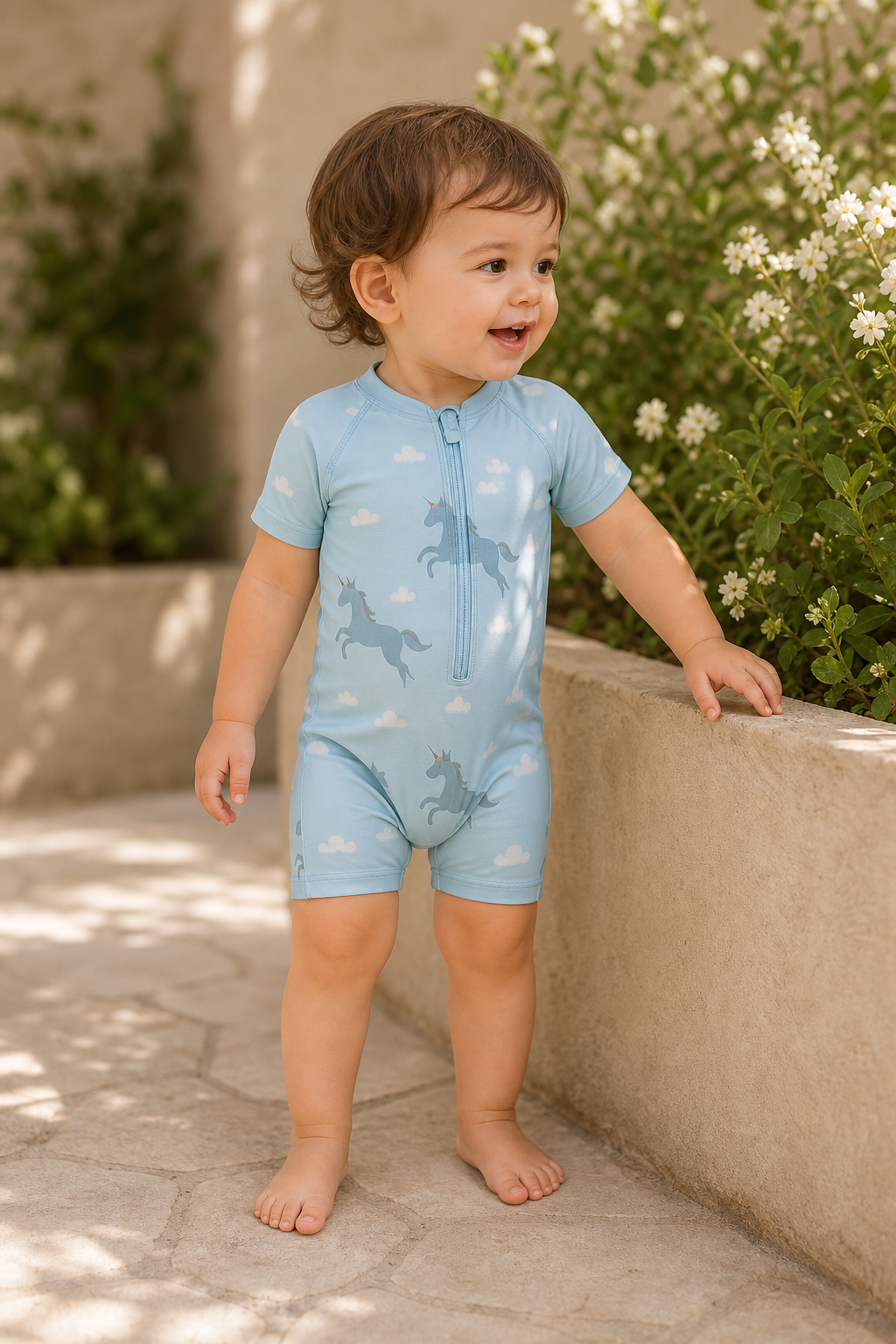 Gentle Nest model hero — Unicorn One-Piece Swim Bodysuit Set, worn by Sofia (GN-T04)