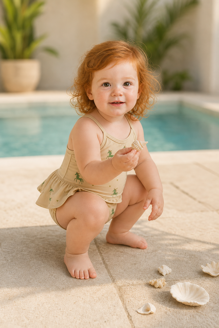 Gentle Nest model hero — Unicorn Print Swimwear Bodysuit Set, worn by Ruby (GN-T07)