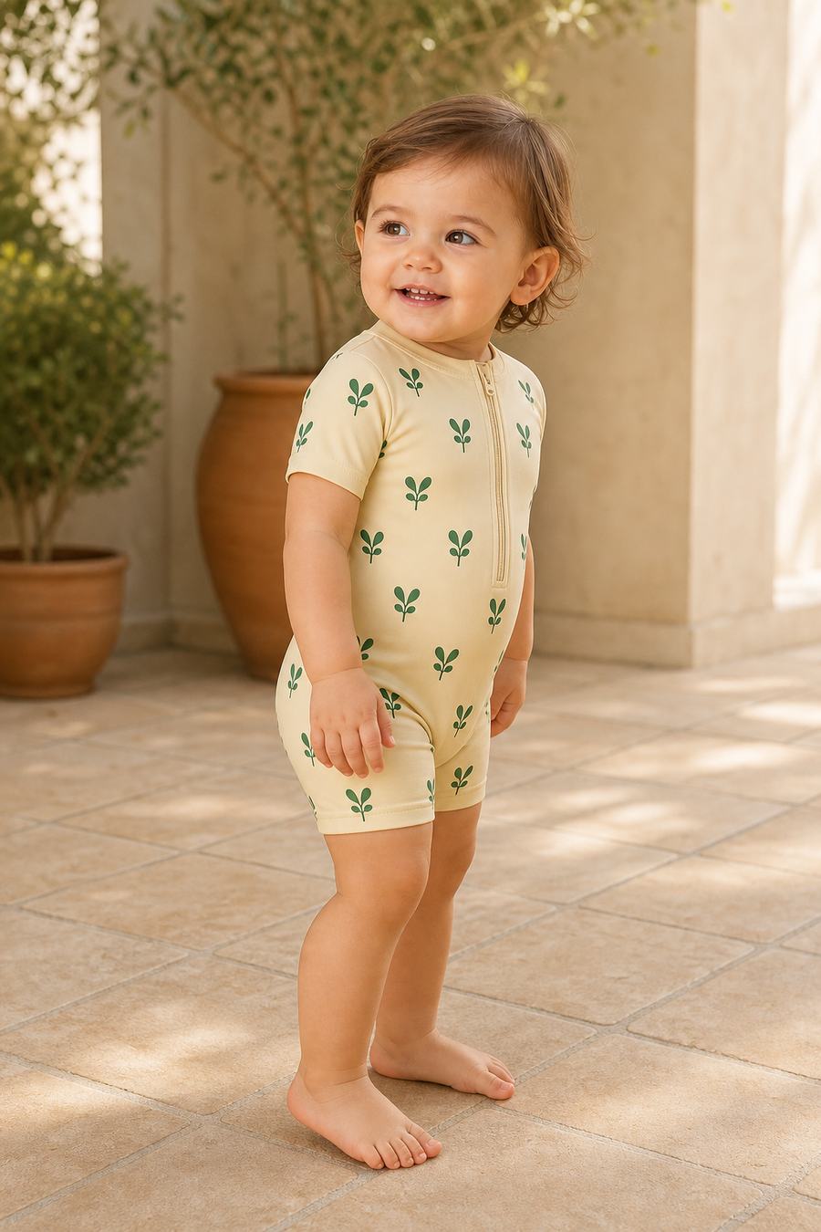 Gentle Nest model hero — Olives Print Swim Bodysuit Set, worn by Eva (GN-T05)