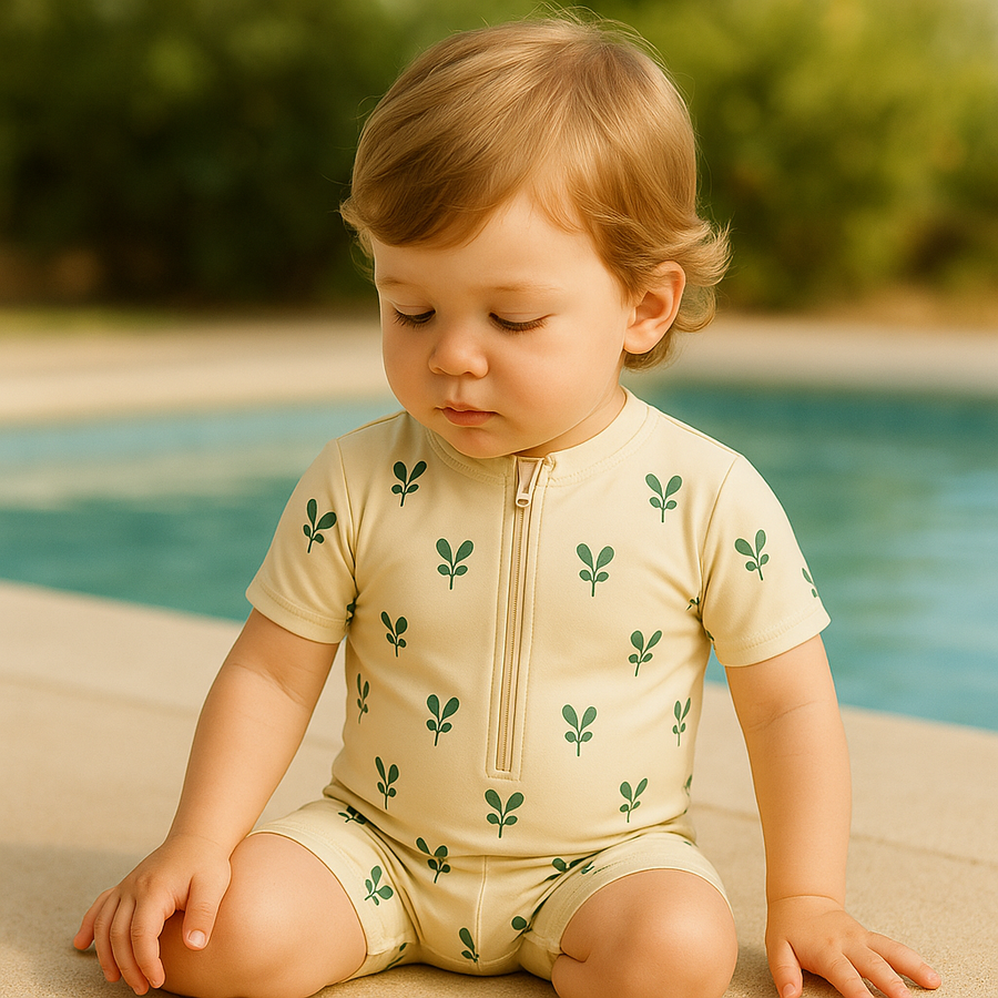 Gentle Nest swimwear hero image - Olives Print Swim Bodysuit Set