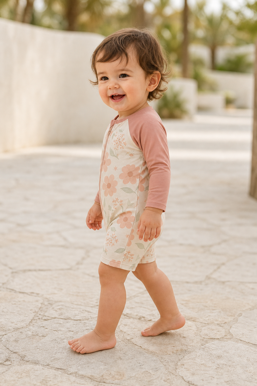 Gentle Nest model hero — Meadow Floral Zip-Up Swim Set, worn by Sofia (GN-T04)