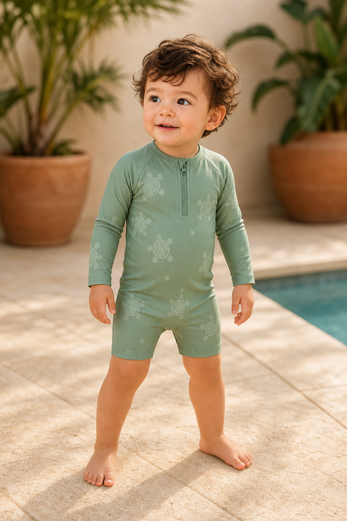 Gentle Nest model hero — Little Turtles Zip-Up Swim Set, worn by Mateo (GN-T03)