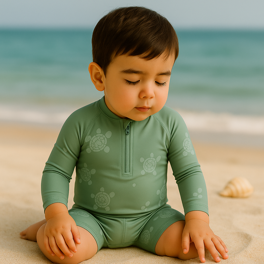 Gentle Nest swimwear hero image - Turtles Zip-Up Swimwear Set - Green