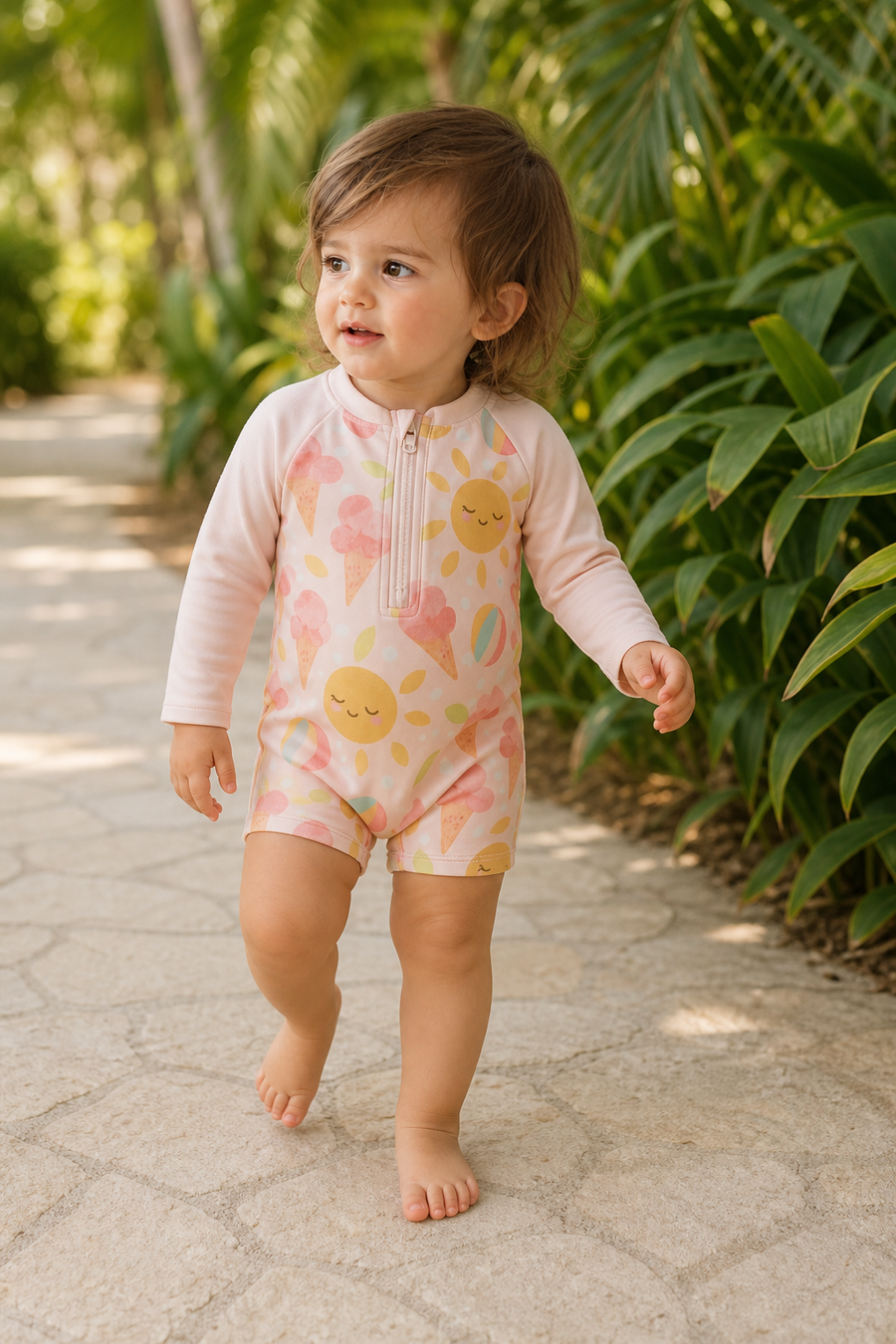 Gentle Nest model hero — Sunny Scoops Zip-Up Swim Set, worn by Mila (GN-T02)