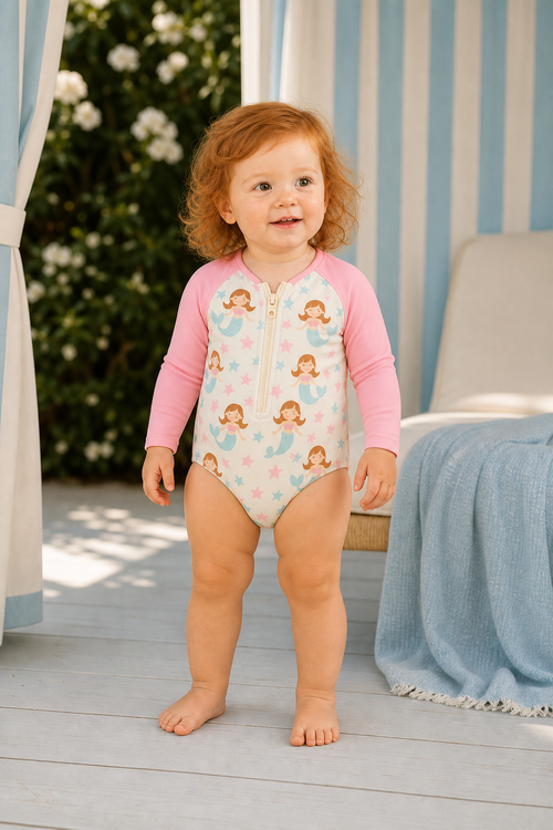 Gentle Nest model hero — Starry Mermaid Zip-Up Swim Set, worn by Ruby (GN-T07)