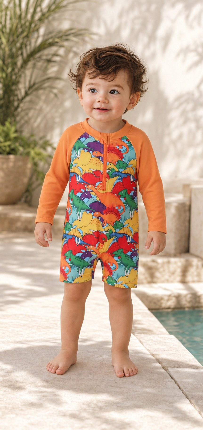 Gentle Nest model hero — Colorful Dinos Zip-Up Swimwear Set, Orange, worn by Mateo (GN-T03)