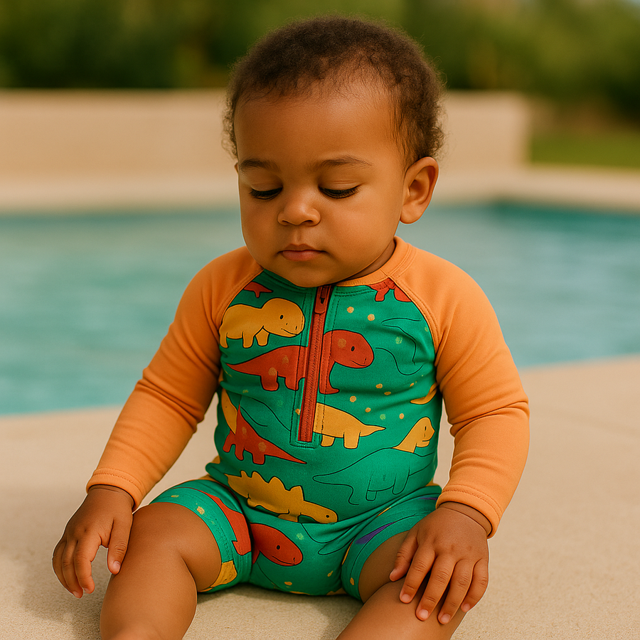 Gentle Nest swimwear hero image - Colorful Dinos Zip-Up Swimwear Set