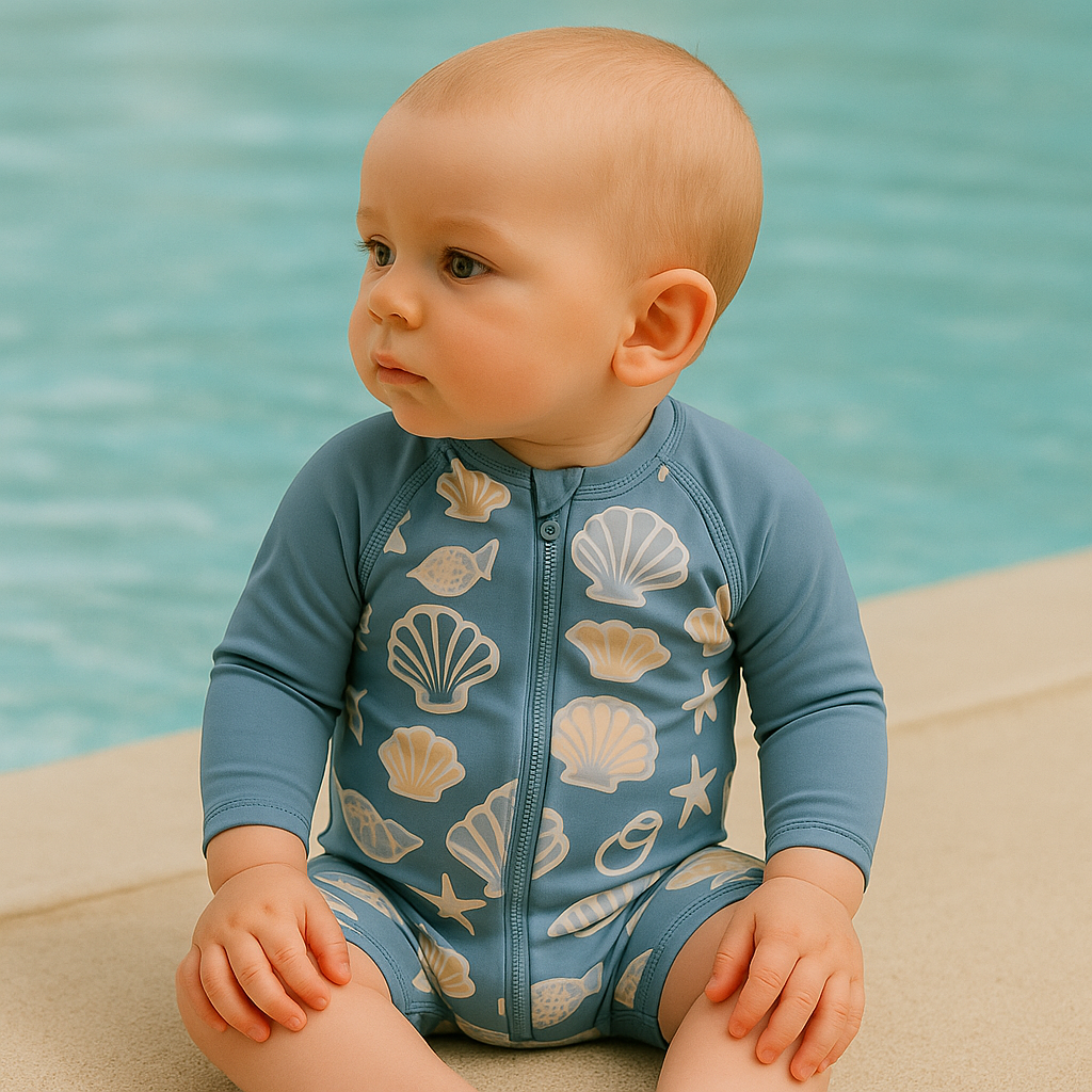 Gentle Nest swimwear hero image - Shells Zip-Up Swimwear Set - Blue