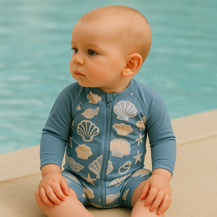 Gentle Nest swimwear hero image - Shells Zip-Up Swimwear Set - Blue