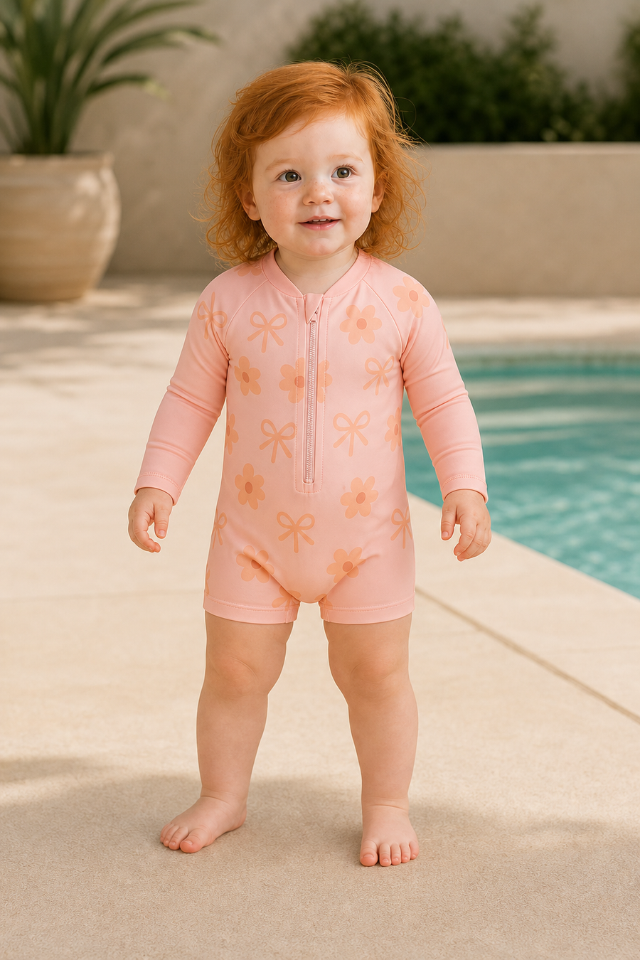 Gentle Nest model hero — Happy Bows Zip-Up Swim Set, worn by Ruby (GN-T07)