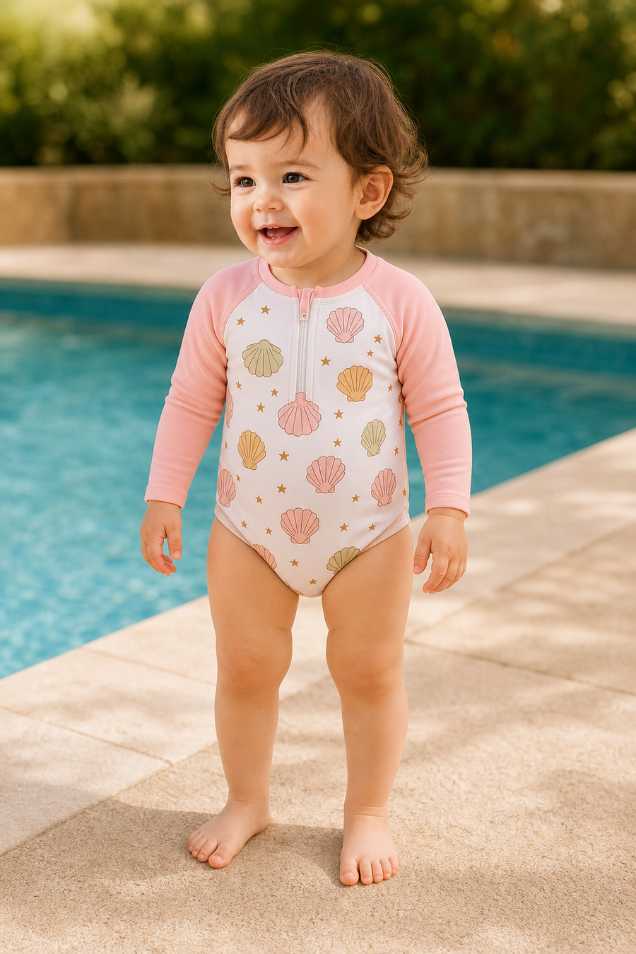 Gentle Nest model hero — Shells Zip-Up Swimwear Set - Pink, worn by Sofia (GN-T04)