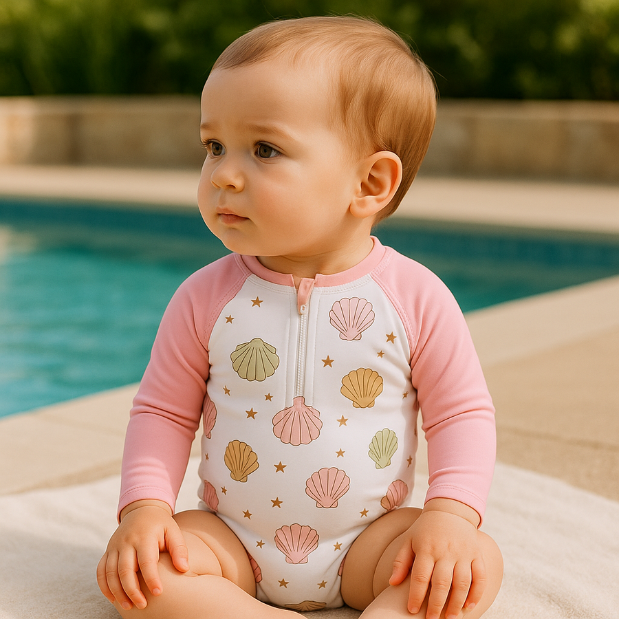 Gentle Nest swimwear hero image - Shells Zip-Up Swimwear Set - Pink