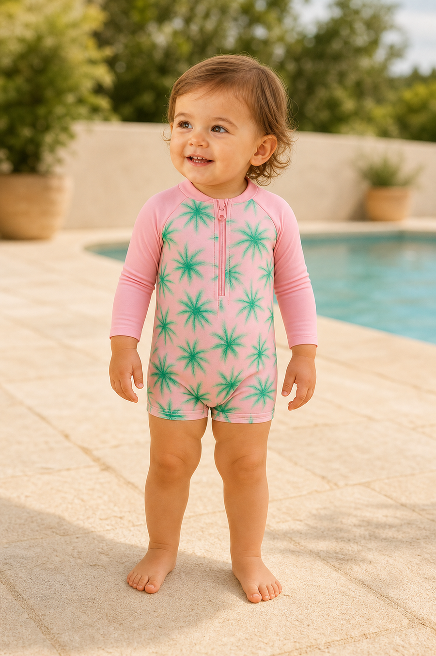Gentle Nest model hero — Tropical Garden Zip-Up Swim Set, worn by Eva (GN-T05)