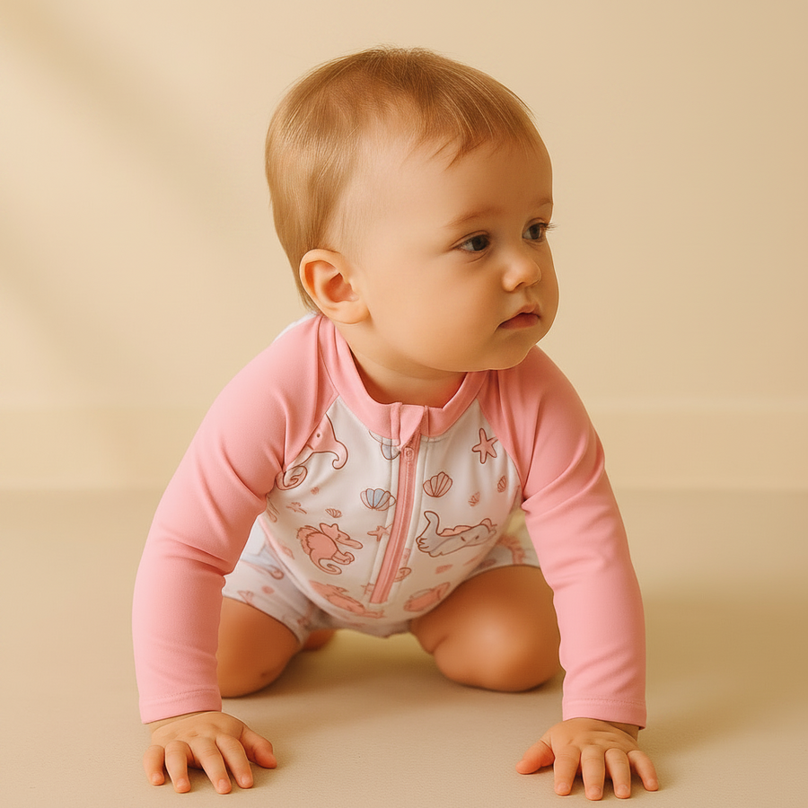 Gentle Nest AI hero image - Sea Horses Zip-Up Swimwear Set - Pink
