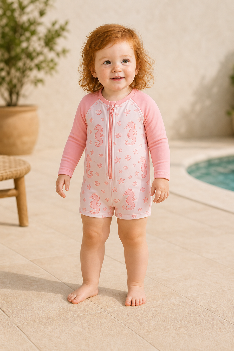 Gentle Nest model hero — Seahorse Cove Zip-Up Swim Set, worn by Ruby (GN-T07)