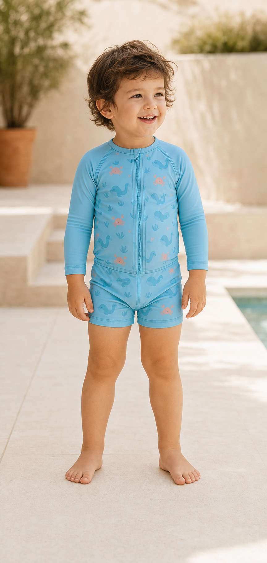 Gentle Nest model hero — Ocean Friends Zip-Up Swim Set, worn by Leo (GN-C03)