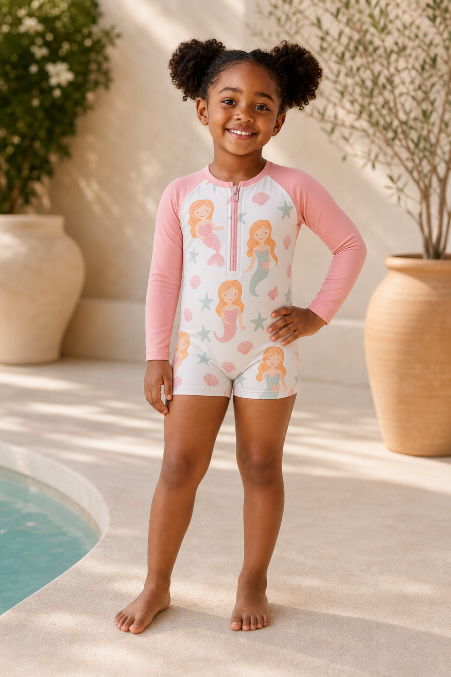 Gentle Nest model hero — Mermaid Cove Zip-Up Swim Set, worn by Zuri (GN-C04)