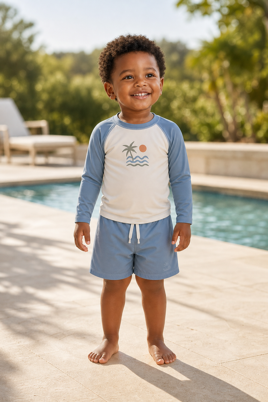 Gentle Nest model hero — Blue Long Sleeve Swim Set, worn by Malik (GN-T06)