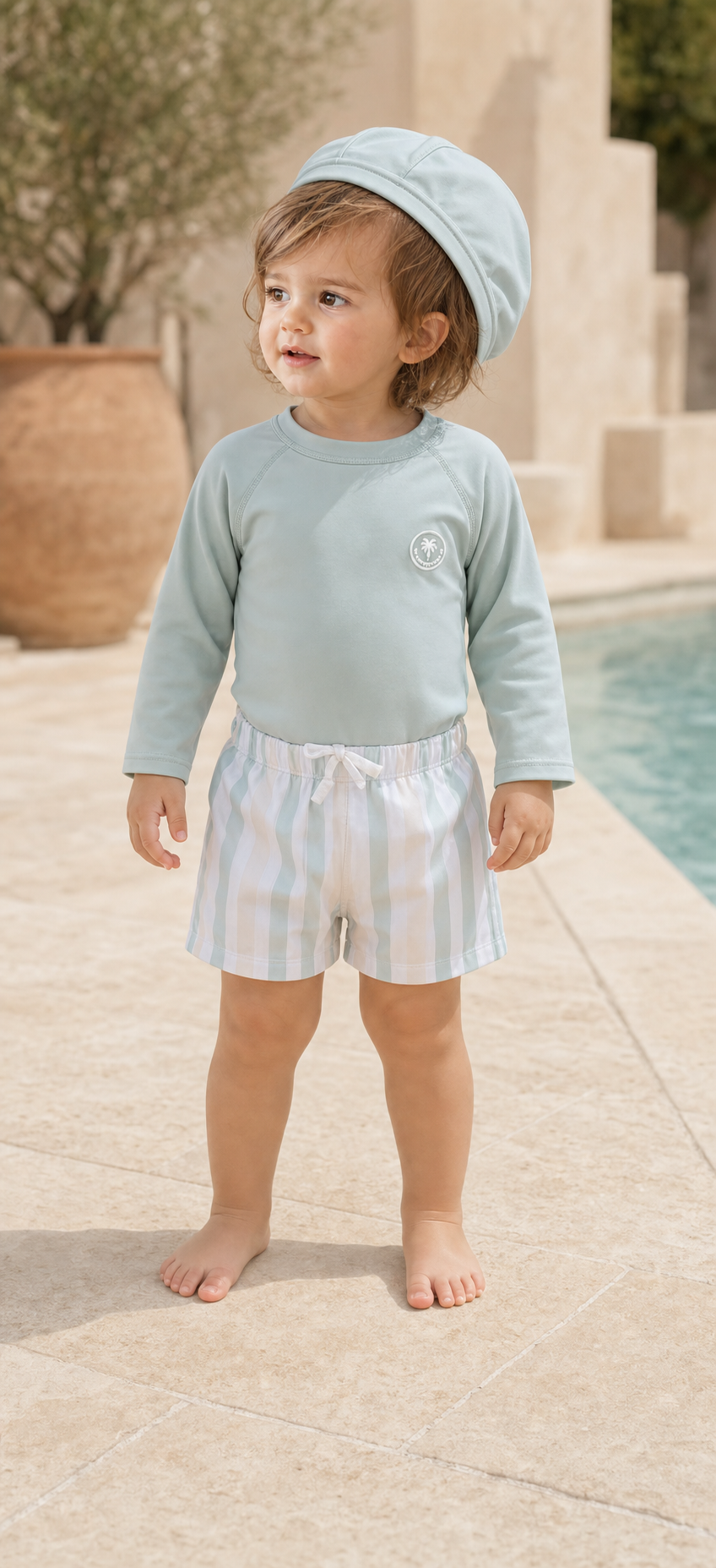 Gentle Nest model hero — Striped Long Sleeve Swim Set, worn by Mila (GN-T02)