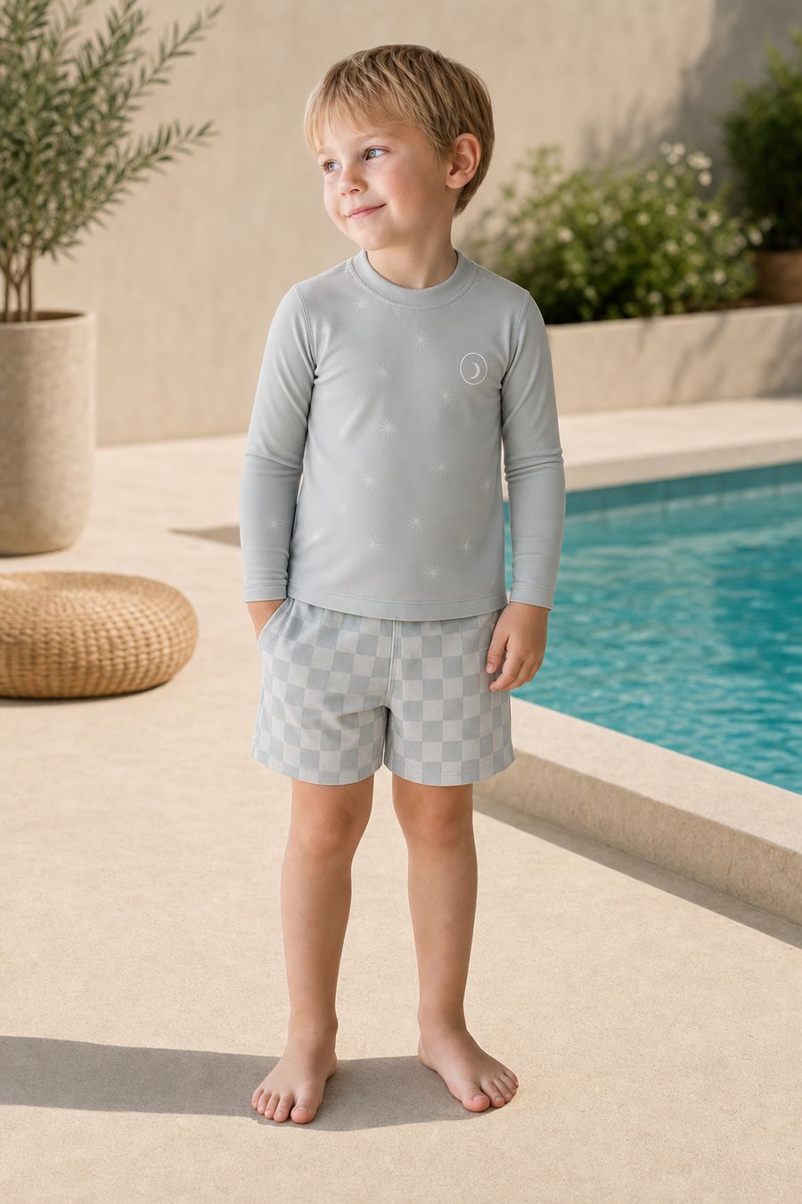 Gentle Nest model hero — Gray Long Sleeve Swim Set, worn by Finn (GN-C05)