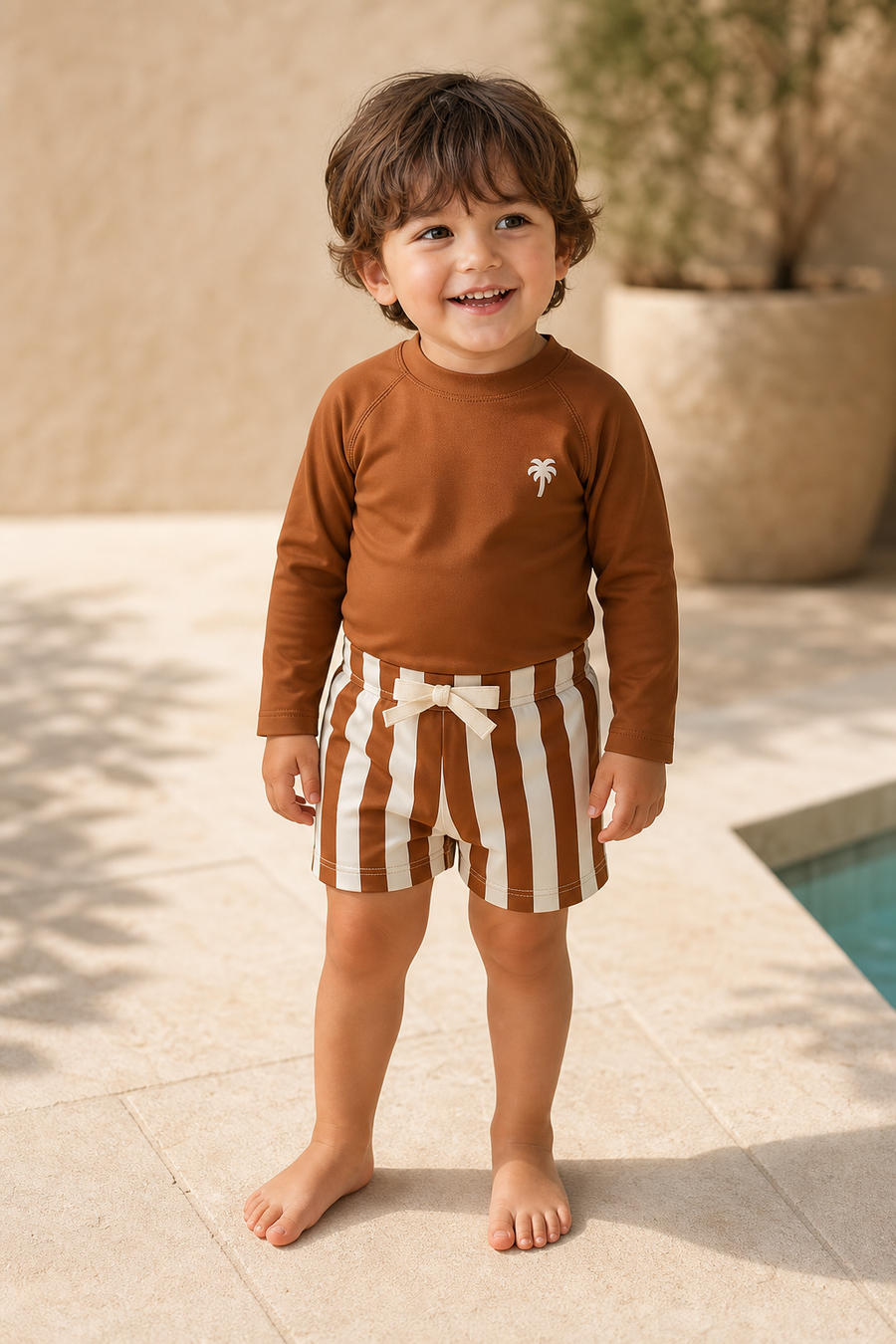 Gentle Nest model hero — Brown Swim Set, worn by Luca (GN-T01)