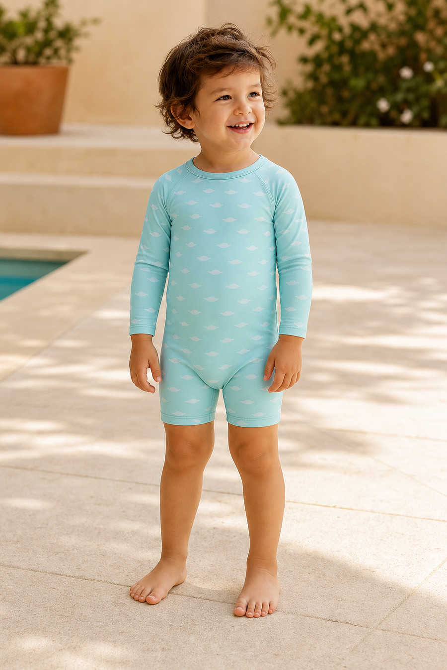 Gentle Nest model hero — Fish Long Sleeve Swim Set, worn by Leo (GN-C03)