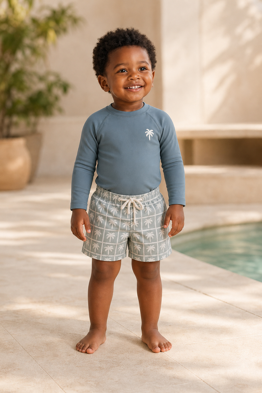 Gentle Nest model hero — Palm Gray Long Sleeve Swim Set, worn by Malik (GN-T06)