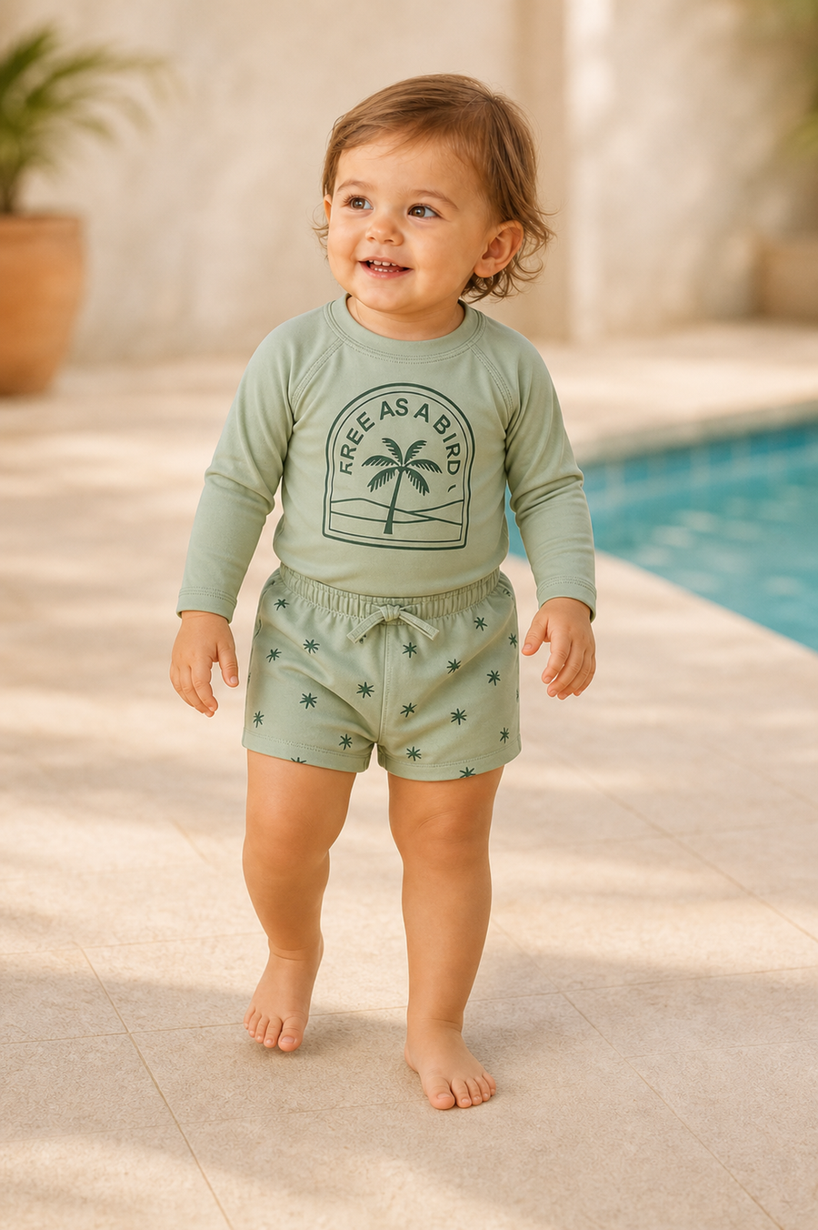 Gentle Nest model hero — Free as a Bird Swim Set, worn by Eva (GN-T05)