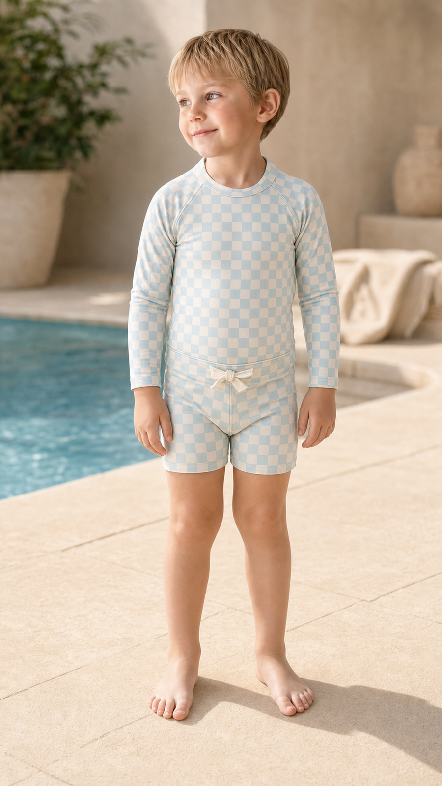 Gentle Nest model hero — Checkered Long Sleeve Swim Set, worn by Finn (GN-C05)