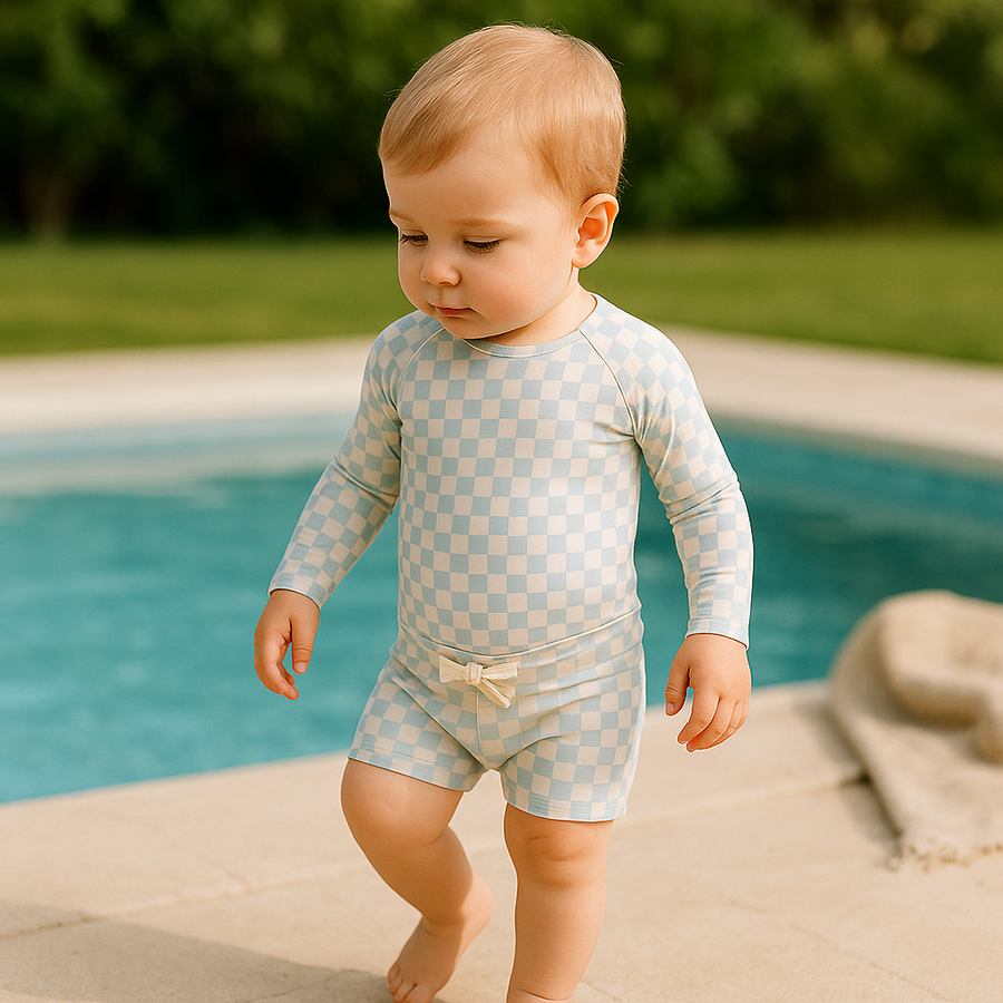 Gentle Nest swimwear hero image - Checkered Long Sleeve Swimwear Set