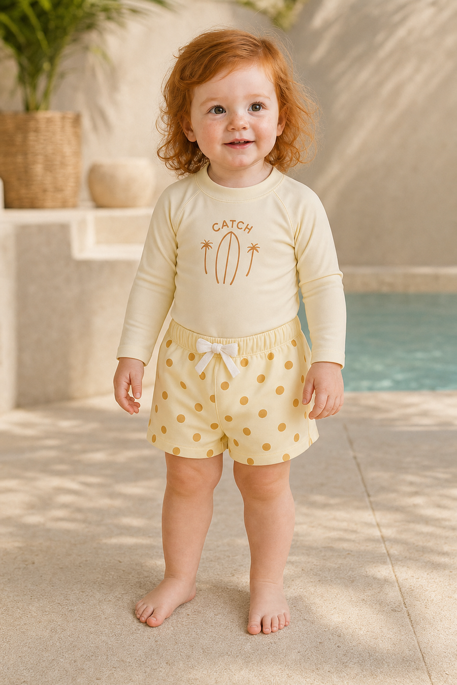 Gentle Nest model hero — Long Sleeve Swim Set, worn by Ruby (GN-T07)