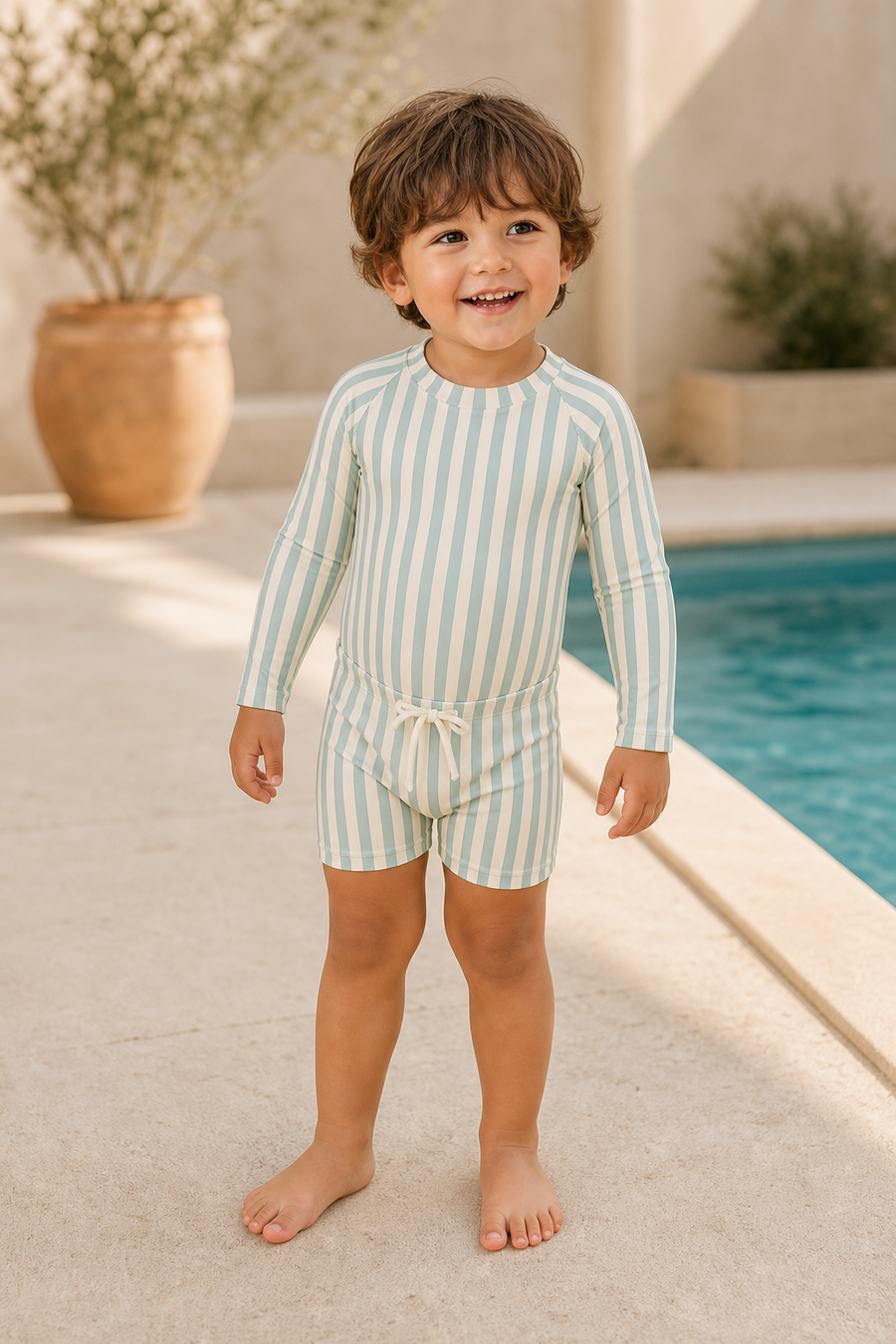 Gentle Nest model hero — Striped Long Sleeve Swim Set, worn by Luca (GN-T01)