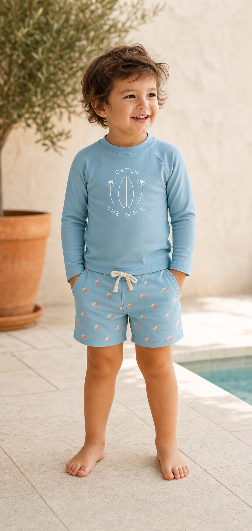 Gentle Nest model hero — Blue Long Sleeve Swim Set, worn by Leo (GN-C03)