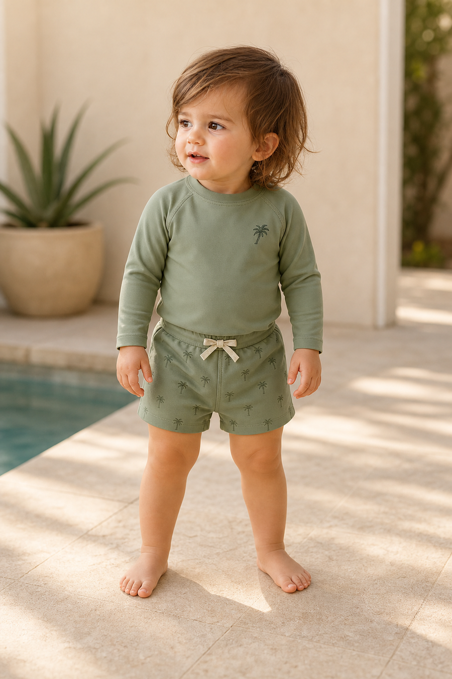Gentle Nest model hero — Long Sleeve Swim Set, worn by Mila (GN-T02)