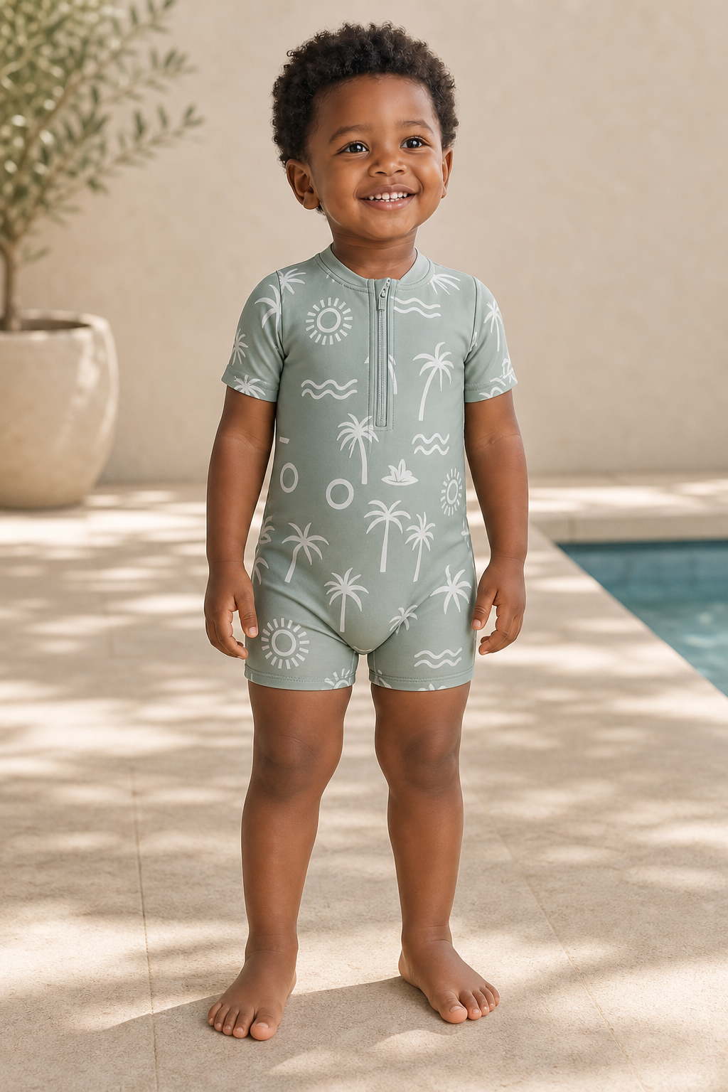 Gentle Nest model hero — Ocean Short Sleeve One-Piece Swimsuit, worn by Malik (GN-T06)