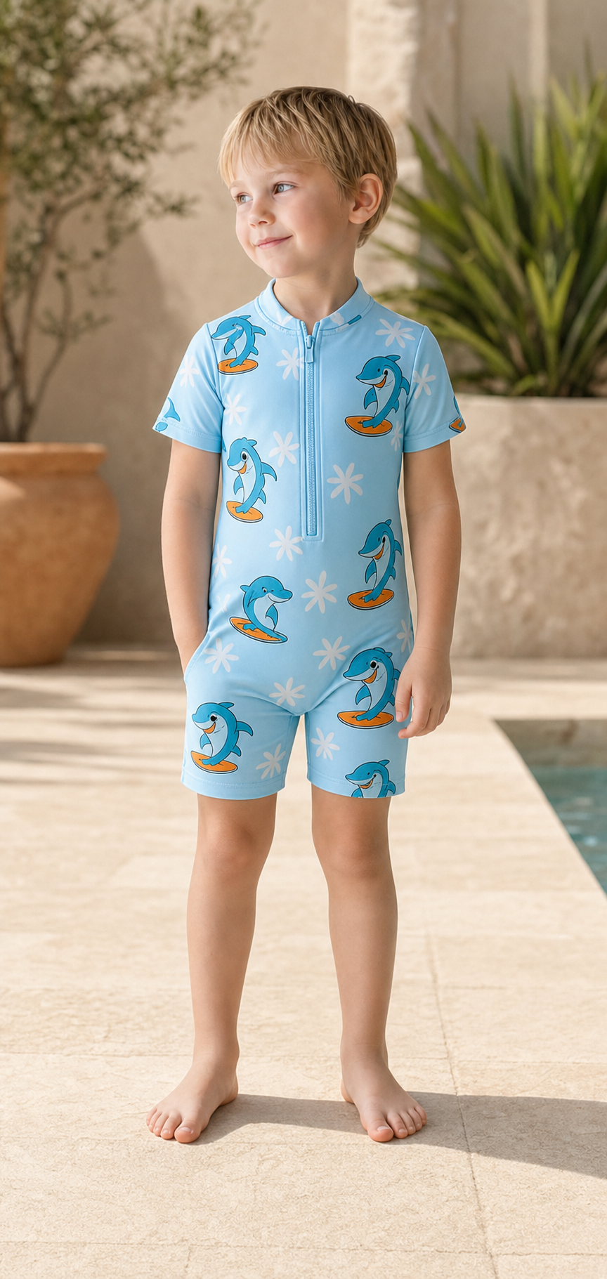 Gentle Nest model hero — Summer time Shark Short Sleeve One-Piece Swimsuit, worn by Finn (GN-C05)